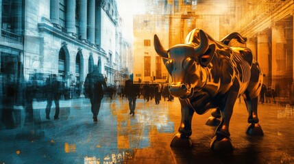 A striking golden bull statue symbolizes financial growth and strength amidst a bustling urban setting.