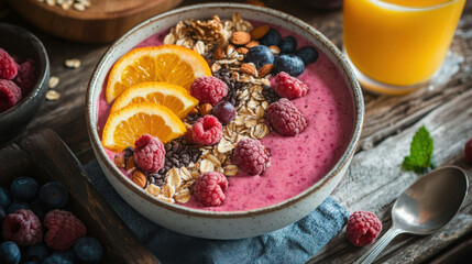 A smoothie bowl topped with fruits and nuts, with a glass of orange juice beside it.