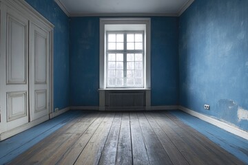 A room with a blue wall and wooden floor. The room is empty and has a very simple and minimalistic design