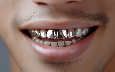 Metallic Smile - Close-up of a Man's Mouth with Silver Teeth Grinning Happily