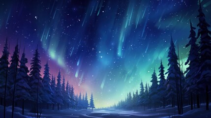 Naklejka premium Winter Mystic Horizon. Silent Forest Under the Shimmering Northern Sky With Aurora wallpaper. 