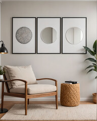Interior of living room with beige armchair, round mirror and plant. 3d render
