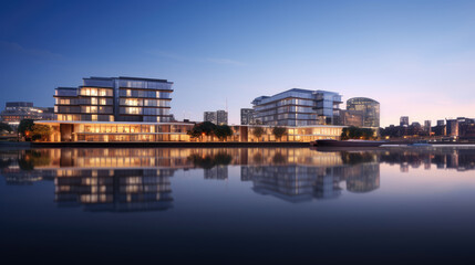 Fototapeta premium Serene Waterfront Modern Architecture at Twilight