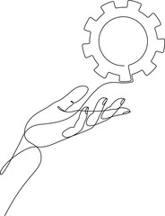 Continuous one line drawing of human hand holding metal gear. Machine wheel gear in arm drawn with single line. Cogwheel on palm. Vector illustration with editable stroke.
