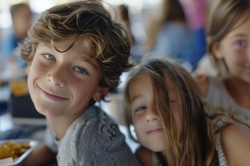 A boy and a girl are smiling at the camera. The boy is wearing a gray shirt with a logo on it. They are both sitting at a table with food in front of them