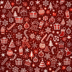 Festive Christmas pattern with gifts, snowflakes, and decorations on red background


