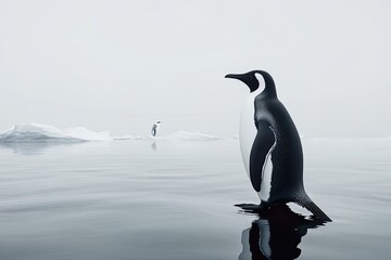 Obraz premium A solitary penguin stands on icy waters.