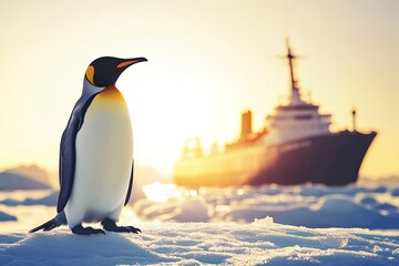 Fototapeta premium Penguin on ice with a ship in the background.