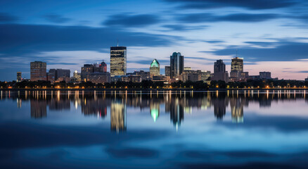 Fototapeta premium Serene City Skyline at Twilight Reflection