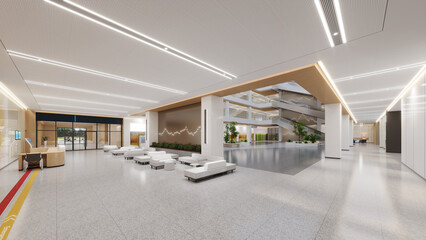 Esthetic and clean modern multi-level hospital lobby, reception and corridors. Private clinic waiting room.