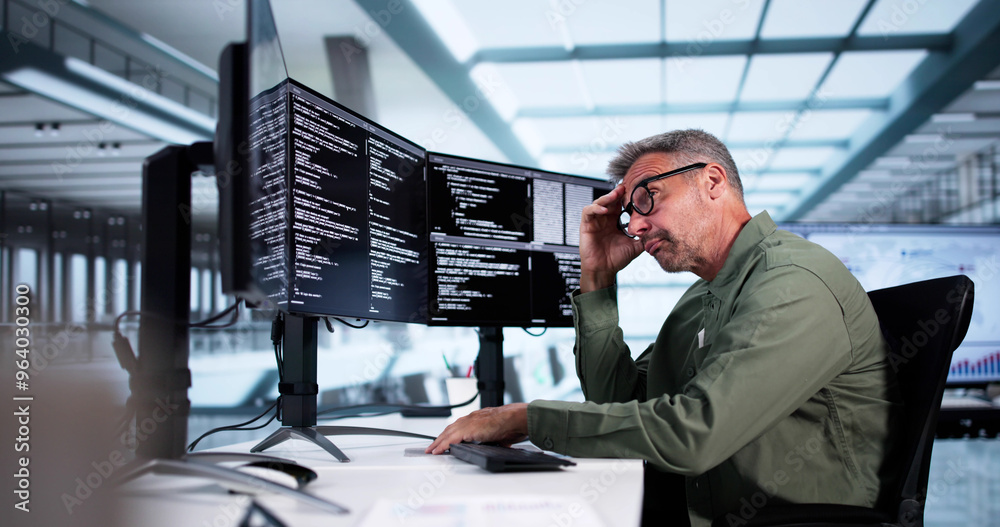 Poster Unhappy Sad Developer Programmer Man In Stress Coding Software