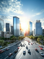 Fototapeta premium Urban Sunrise: Cityscape with Bustling Traffic