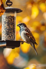 A bird is perched on a bird feeder