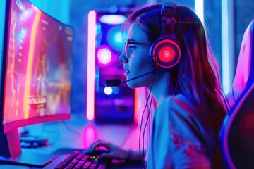 A woman is playing a video game with a headset on. She is wearing glasses and is focused on the game. The room is brightly lit with neon colors, creating a fun and energetic atmosphere