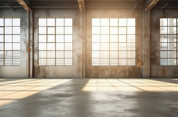 Obraz premium Sunlit Industrial Warehouse Interior