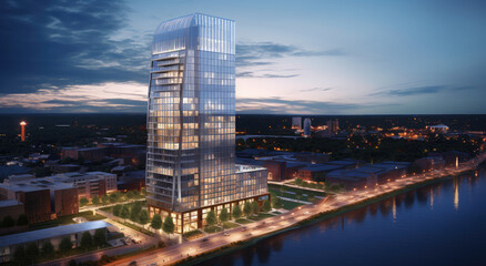 Obraz premium Majestic Skyscraper Along Riverside at Dusk