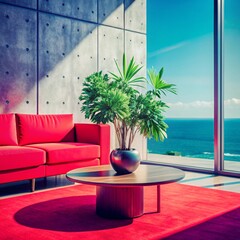 Indoor plant on white floor with empty concrete wall background, Lounge and coffee table near glass window in sea view living room of modern luxury beach house or hotel - Home interior 3d illustration