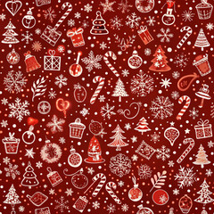 Festive Christmas pattern with gifts, snowflakes, and decorations on red background

