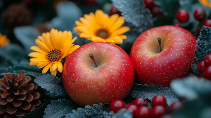 Rustic still life with red apples, berries and yellow gerberas evokes the cozy fall harvest and the warmth of seasonal gatherings