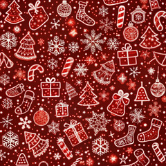 Festive Christmas pattern with gifts, snowflakes, and decorations on red background

