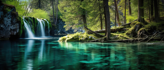 Obraz premium Serene Forest Waterfall and Crystal-Clear Pond