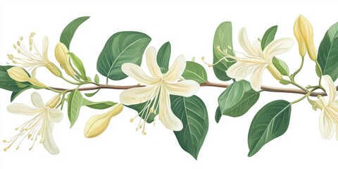 A white flower with green leaves is shown in a line. The flowers are arranged in a way that they are all facing the same direction. The image has a serene and peaceful mood