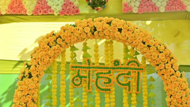 Indian wedding haldi function yellow background,