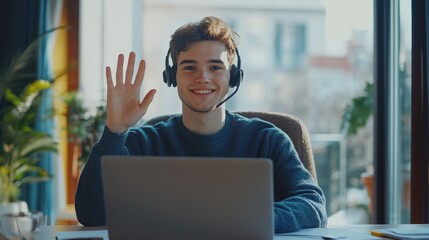 A young man wearing headphones is sitting at a desk with a laptop in front of him. He is smiling and waving at the camera