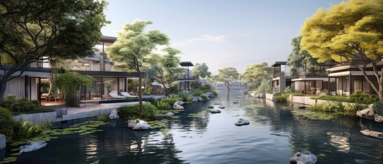 Fototapeta premium Serene Riverside Modern Luxury Villas