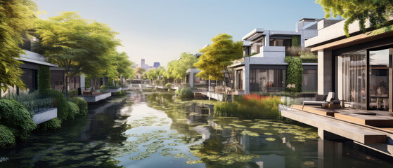 Obraz premium Modern Waterfront Homes in Tranquil Setting