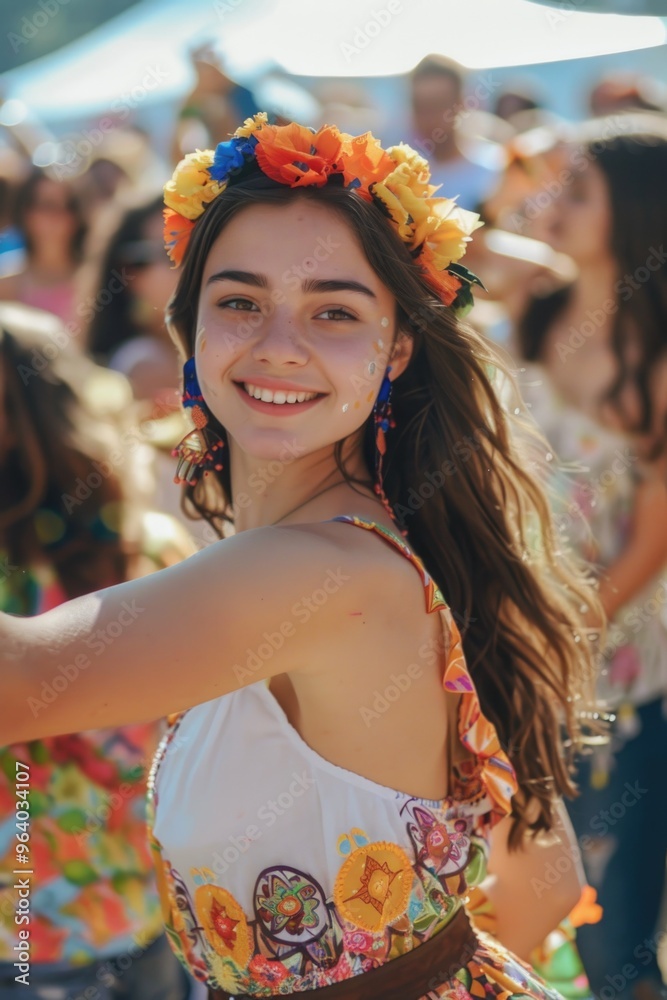 Wall mural a woman wearing a flower headband and a colorful dress is smiling and posing for a picture. the imag