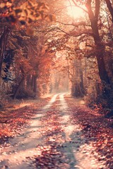 Obraz premium A road in a forest with autumn leaves on the ground. The road is empty and the sun is shining through the trees