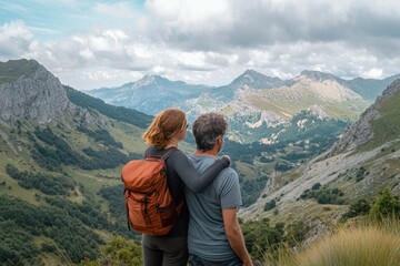Obraz premium A man and woman are standing on a mountain top, looking out over the landscape. The man is wearing a backpack and the woman is wearing a backpack as well. The scene is peaceful and serene