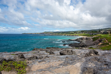 Rugged coastline at the tip of Makaluapuna Point in West Maui, Hawaii - Lava cliffs of Dragon's Point on the Kapalua Coastal Trail