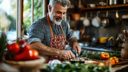 Culinary Influencer: Mature Man Sharing Cooking Wisdom in Kitchen Studio for Aging Well Journey