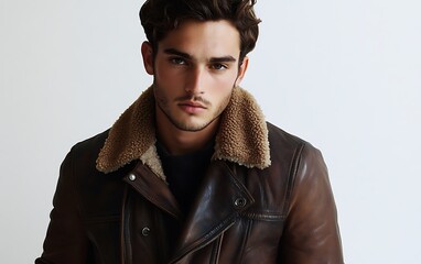 Fototapeta premium Urban Style: Fashionable Male Model in Belstaff-Inspired Leather Jacket - Editorial Photoshoot with Cinematic Lighting on White Background