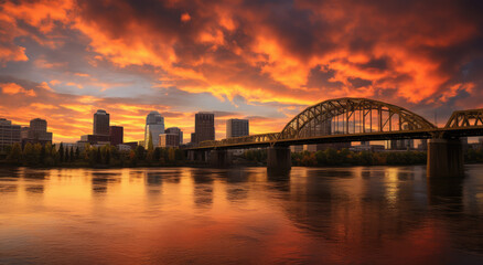 Obraz premium Golden Sunset Over Urban Skyline and Bridge