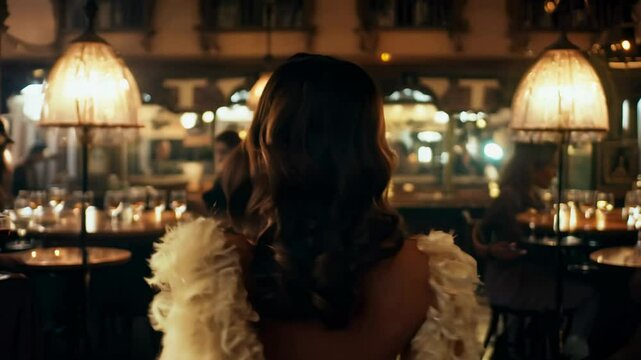 A middle-aged Hispanic woman with long wavy hair, around 42 years old, walks confidently facing the camera, through a dimly lit speakeasy bar.