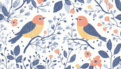 Hand drawn illustration featuring floral motifs birds dashed lines and tag patterns in a line art style