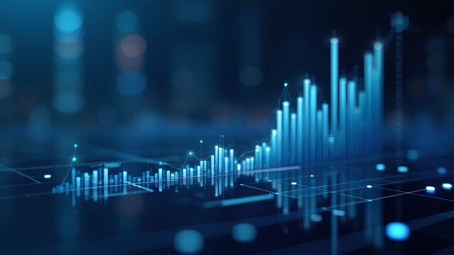 Perspective view of stock market growth business investing and data concept with digital financial chart graphs diagrams and indicators on dark blue blurry background