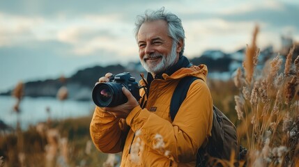 Obraz premium Experienced Photography Mentor Sharing Tips in Picturesque Outdoor Setting - Concept of Art and Photography Influencers over 50