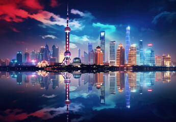 Obraz premium Vibrant Nighttime Cityscape Reflection