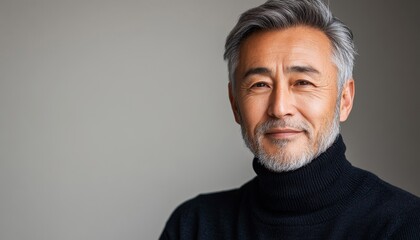 Obraz premium stylish beautiful asian senior man wearing sweater on grey background with copy space, minimalistic portrait