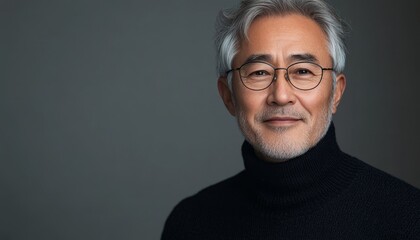Obraz premium stylish beautiful asian senior man wearing sweater on gray background with copy space, minimalistic portrait, mature