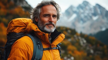 Active Lifestyle Promotion: Senior Hiker Showcasing Gear on Mountain Vlog