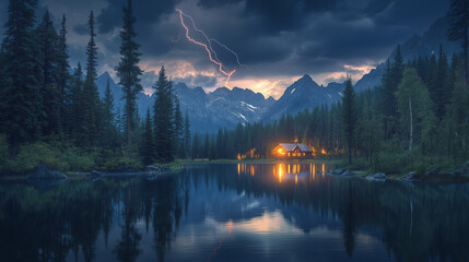 A serene lake scene with still water reflecting trees and mountains is illuminated by a dramatic sky, featuring a lightning strike and soft evening lights from a distant cabin