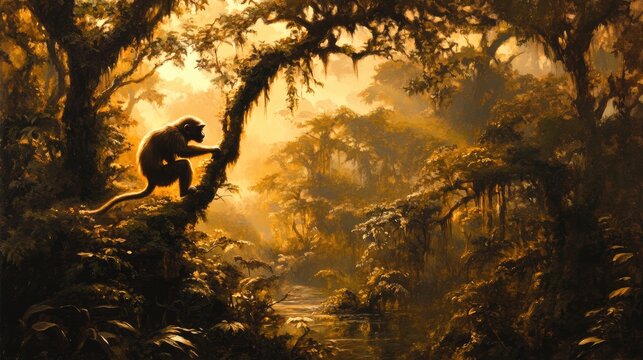 Oil painting depicting a monkey in a forest setting showcasing animal behavior within its natural environment