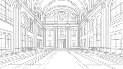 Line art illustration of a university main hall featuring architectural details and design elements