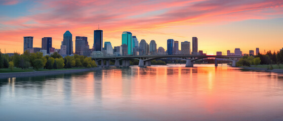 Obraz premium City Skyline Reflecting at Sunset