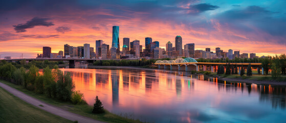 Vibrant Cityscape at Sunset Reflected on River